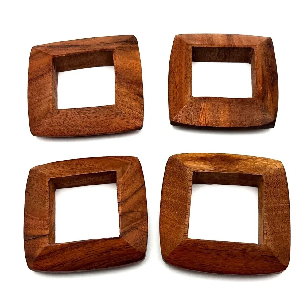 Vintage Square Wooden Napkin Rings Handmade Teak Wood MCM 2.5